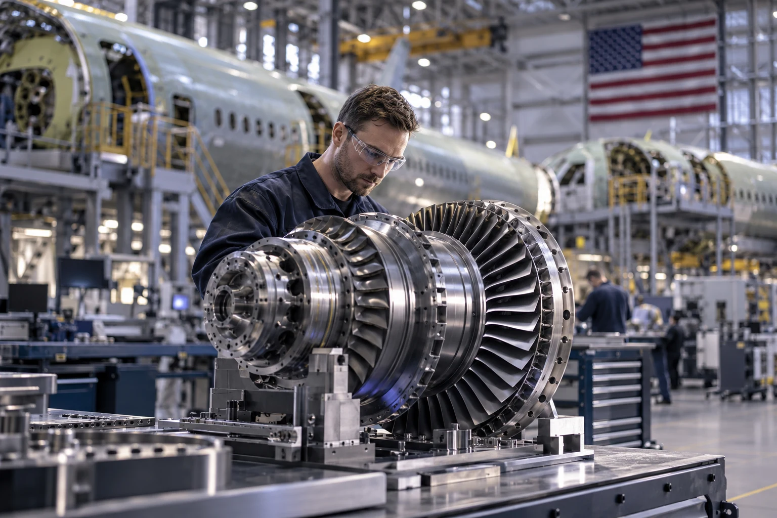 Precision aerospace components and a technician inside an American manufacturing facility